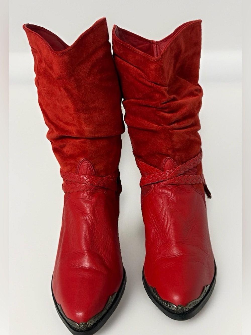 VTG 80s Zodiac Brace Red Leather Slouch Cowboy Boots New 7.5 Deadstock Americana